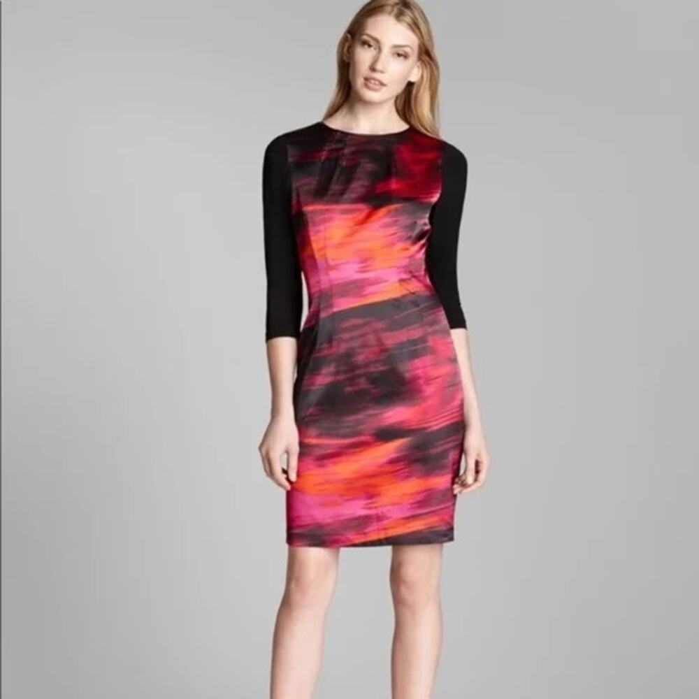 T Tahari | Skyler Pink Orange Watercolor Soft Satin 3/4 Sleeve Sheath Dress - Picture 3 of 13